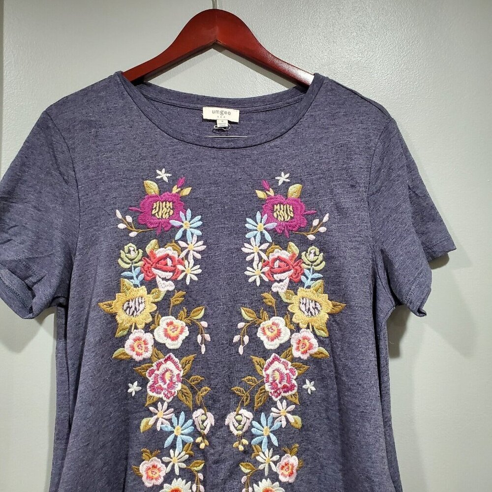 Umgee Womens Small Tunic T Shirt Dress Embroidered Floral Blue Pink Pockets - Picture 4 of 13